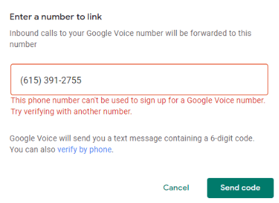 Google Voice page to verify virtual phone number with error message that says "This phone number can't be used to sign up for a Google Voice number. Try verifying with another number."