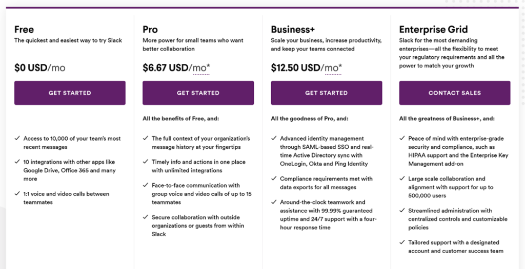 Slack pricing plans