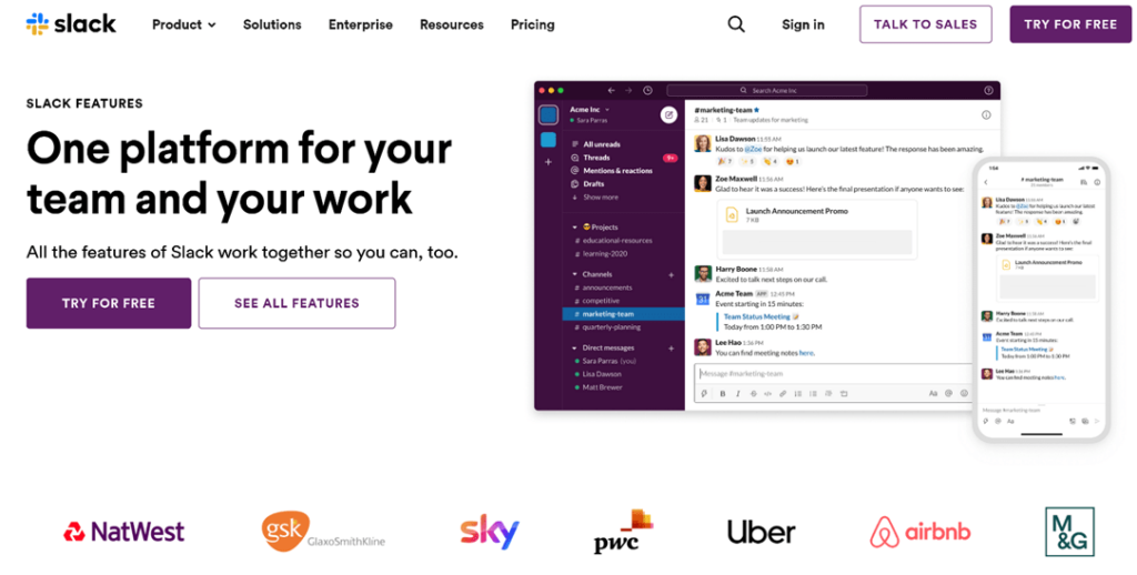 Slack website page that says "One platform for your team and your work"