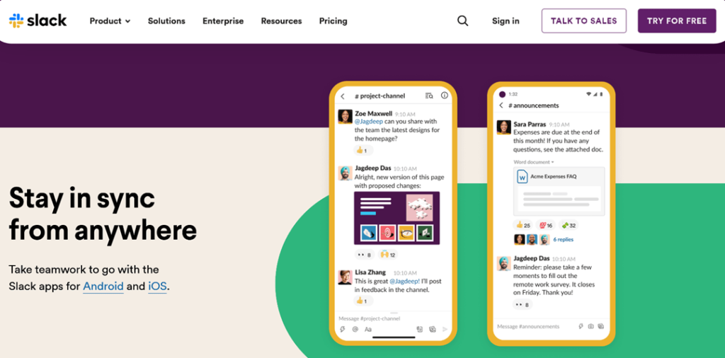 Slack website page with image of Slack on mobile device and headline that says "Stay in sync from anywhere"