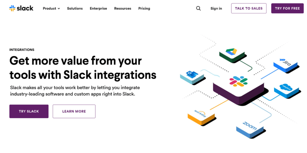 Slack integrations page that says "Get more value from your tools with Slack integrations"