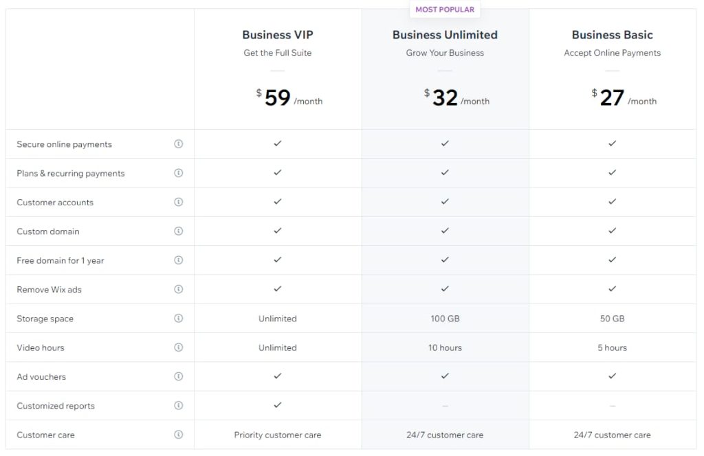 Wix pricing