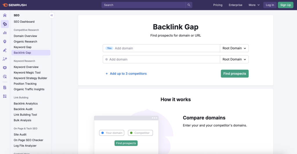 SEMrush Backlink Gap landing page.