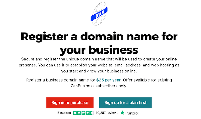 ZenBusiness register a domain name webpage