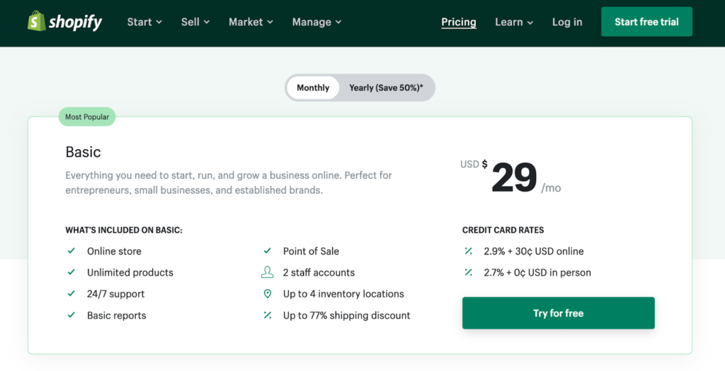 Shopify pricing page for Basic plan