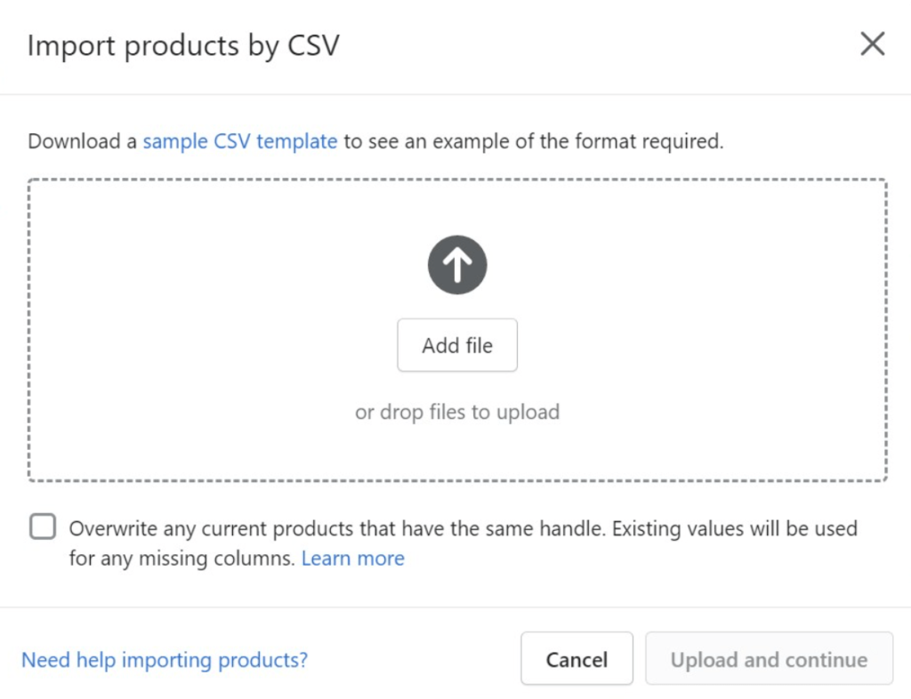 Shopify page to import products by CSV