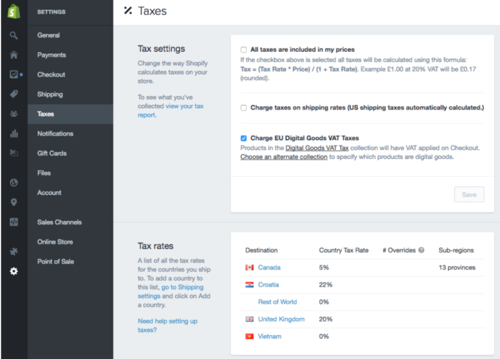 Shopify taxes settings page