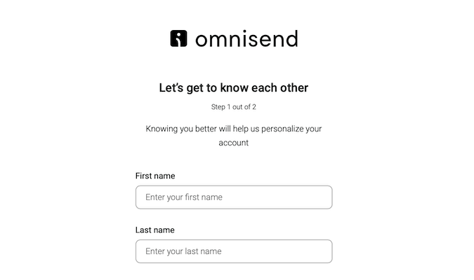 Omnisend new account setup screen