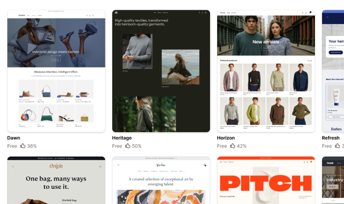 A gallery of free Shopify store themes including Dawn, Heritage, Horizon, and Refresh with sample ecommerce layouts.