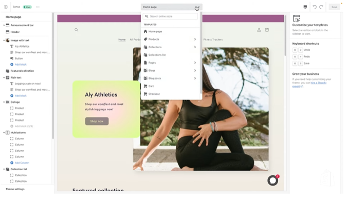 Shopify's drag-and-drop theme editor showing a storefront being customized with sections, pages, and design settings.
