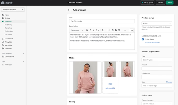 Shopify admin product editor page with fields for title, description, media uploads, pricing, and product organization. 