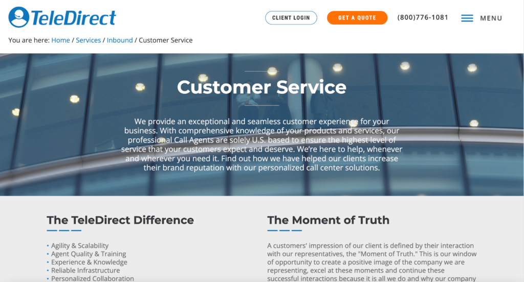 TeleDirect customer service landing page