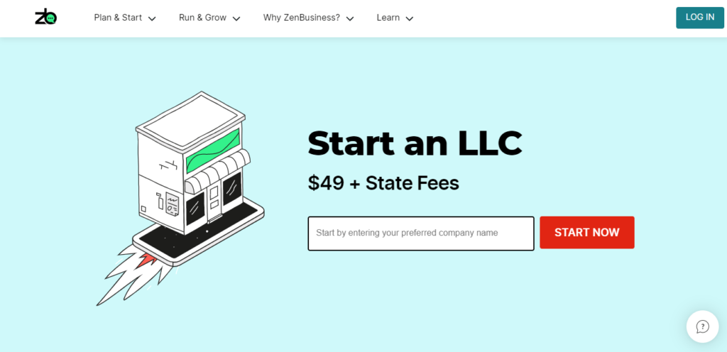 ZenBusiness website page for starting an LLC for $49 plus state frees