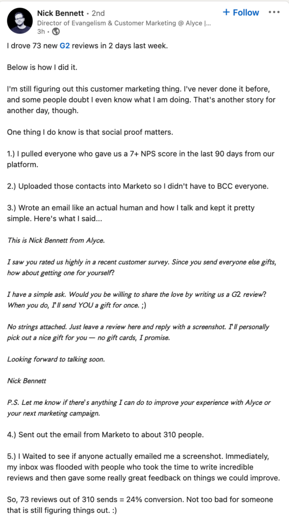 Screenshot of a Linked In post from Nick Bennett, the director of Customer Marketing at Alyce, outlining how he secured 73 new, quality G2 reviews in just two days
