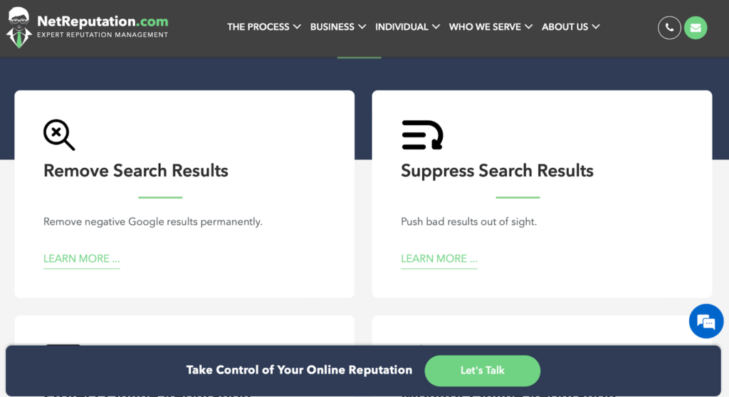 NetReputation website page for removing or suppressing search results
