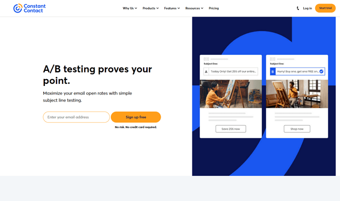 An image showcasing Constant Contact Core’s subject line A/B testing feature.