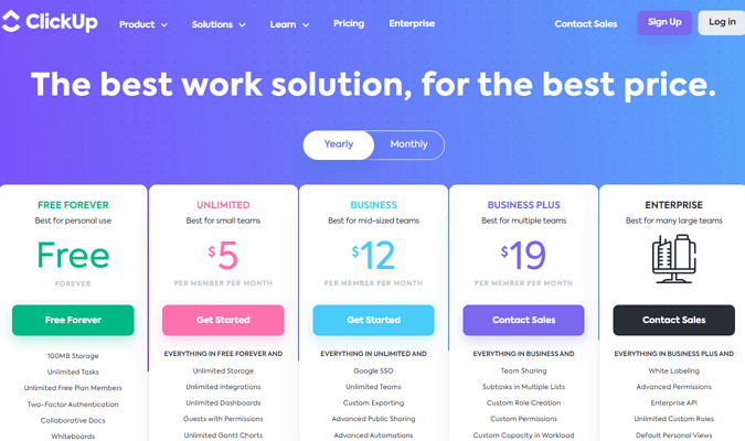 Screenshot of ClickUp's plans and annual pricing