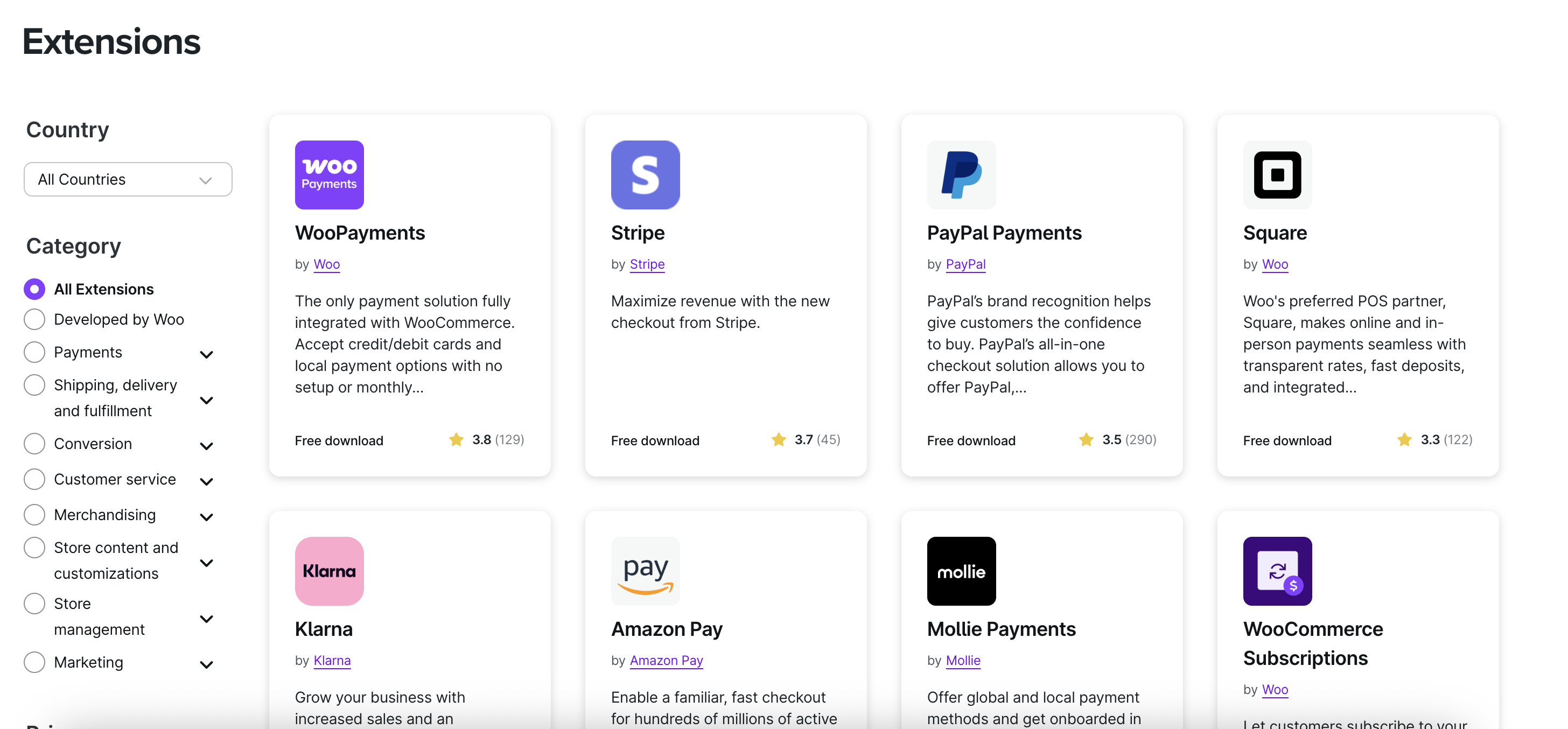 Screenshot of the website page for the WooCommerce Extensions Store