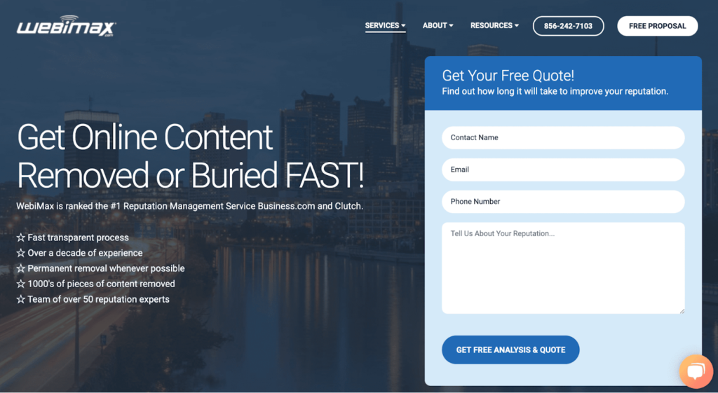 Screenshot of WebiMax landing page with headline that says "Get Online Content Removed or Buried Fast!" with a signup form to get your free analysis and quote