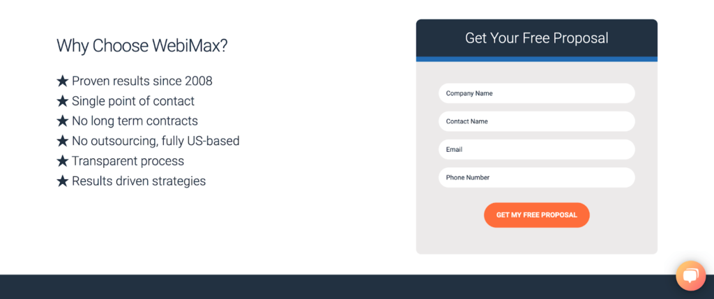 Screenshot of WebiMax website page with headline that says "Why Choose WebiMax?" with a list of reasons to choose WebiMax and signup form to get your free proposal