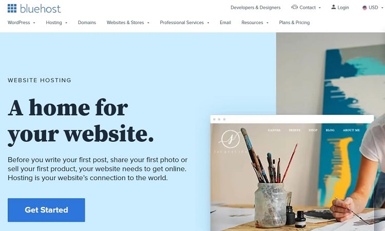 Screenshot of Bluehost landing page for website hosting