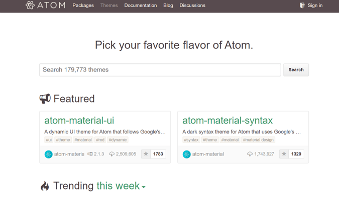 Screenshot of Atom webpage with headline that says "Pick your favorite flavor of Atom" and search bar to search from 179,773 themes