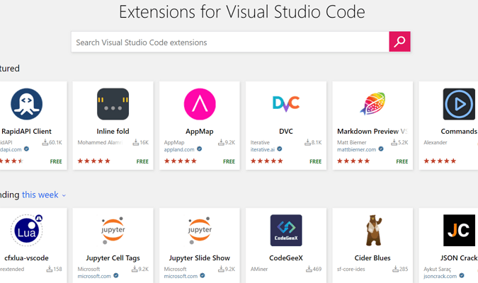 Screenshot of Visual Studio Code marketplace where you can search for VS Code extensions