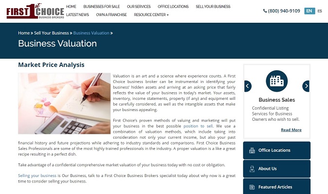 Screenshot of First Choice Business Brokers Business Valuation web page.