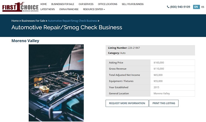 Screenshot from First Choice Business Brokers of a finalized business listing.