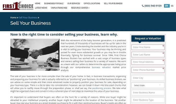 Screenshot of First Choice Business Brokers Sell Your Business web page.