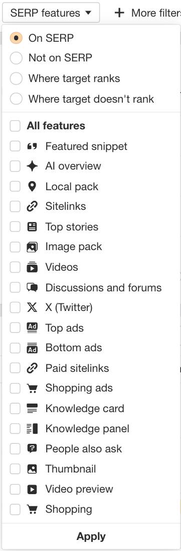SERP features filter in Ahrefs. 