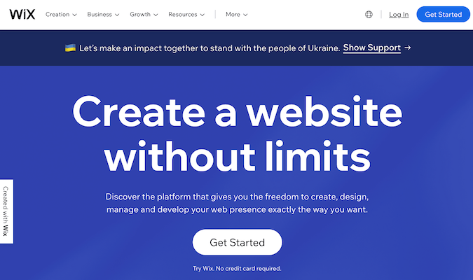 Screenshot of Wix home page.