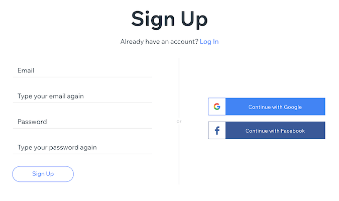 Screenshot of Wix sign up page.
