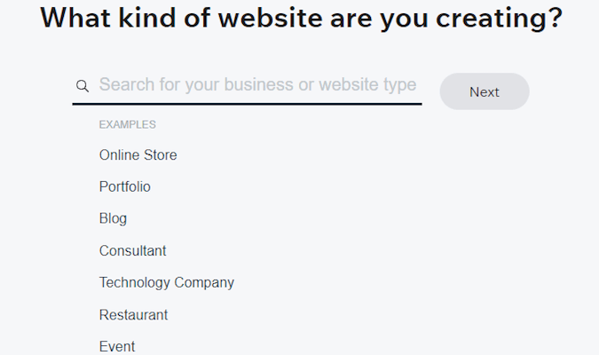 Screenshot from Wix sign up process with question, "what kind of website are you creating?"