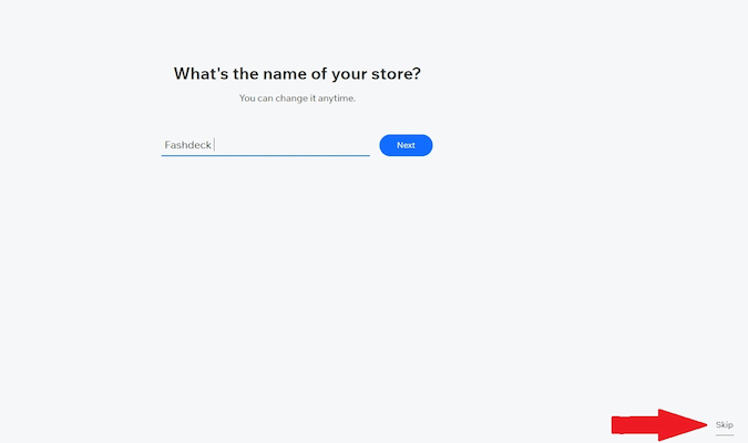 Screenshot of Wix create website process with question, "what's the name of your store?"