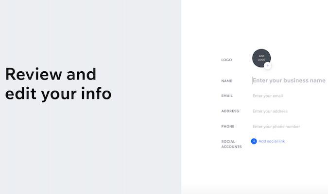 Screenshot of Wix asking to review and edit your info with various fields to input.