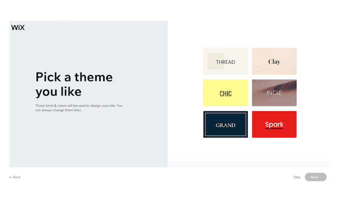 Screenshot of Wix theme options for website.