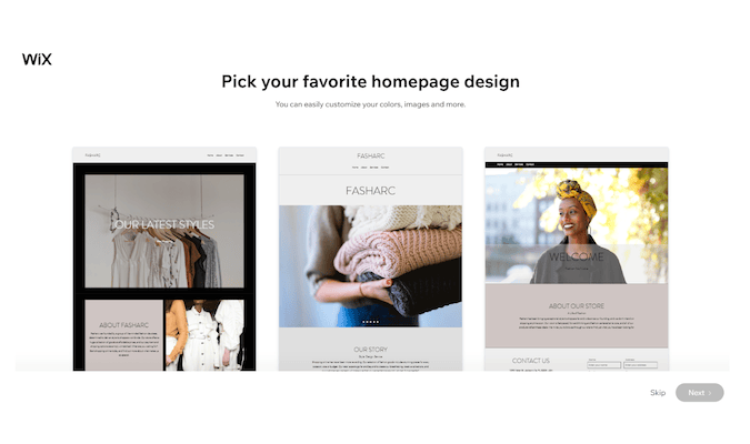 Screenshot of Wix homepage design options.
