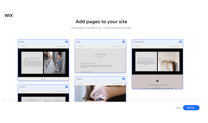 Screenshot of Wix add pages to your site option.