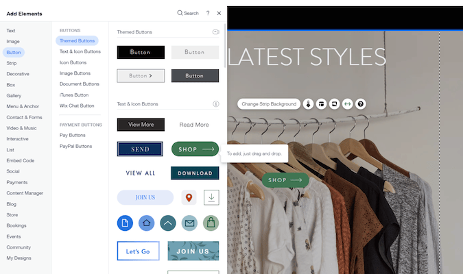 Screenshot of Wix add elements - button - themed button with theme button choices with "drag and drop" function and prompt.