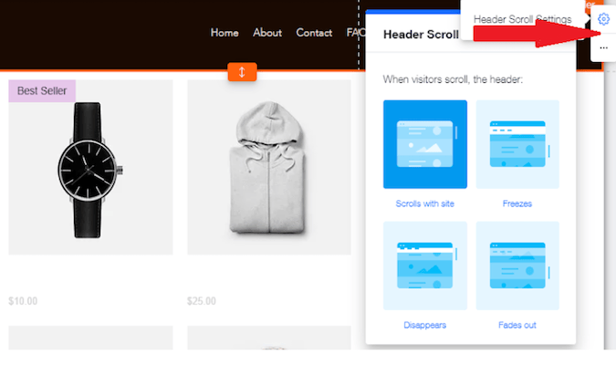 Screenshot of the location of Wix website builder header scroll settings.