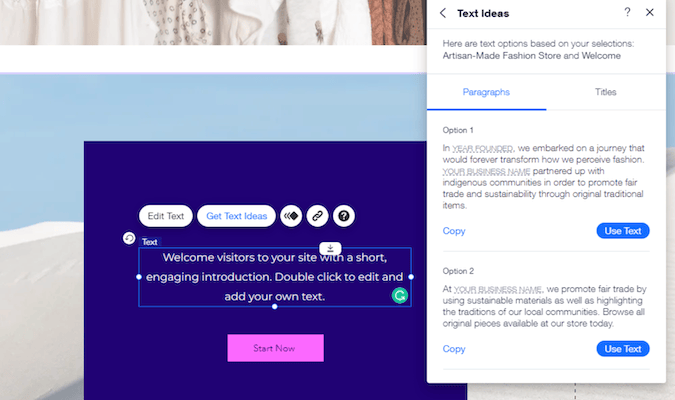 Screenshot of Wix website builder text ideas feature.