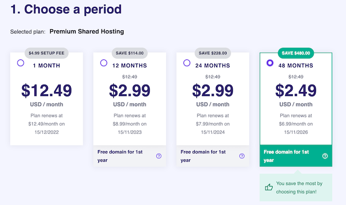 Screenshot of Hostinger's premium shared hosting plans with different time period packages.