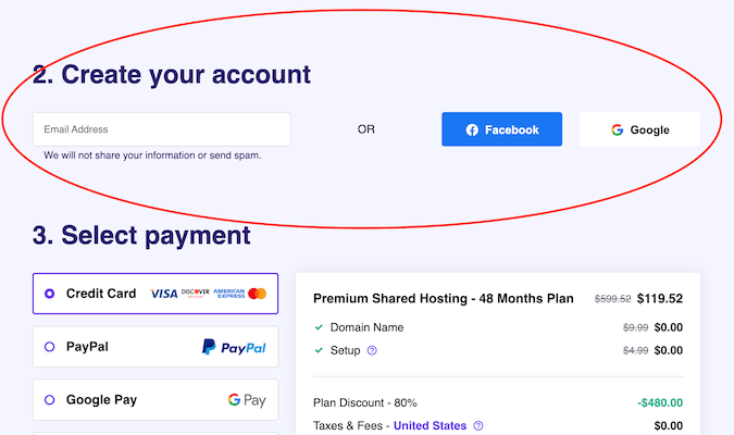 Screenshot from Hostinger's checkout process with a red circle around the create an account function with email, Facebook, or Google.