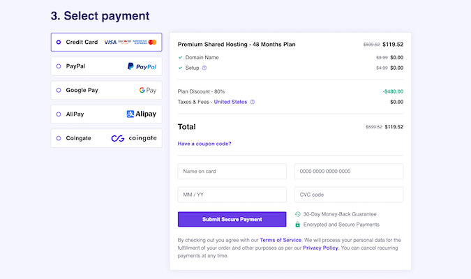 Screenshot from Hostinger's checkout process showing the select payment function. Options for payment, along with a cost breakdown is made available.