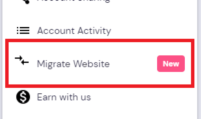 Screenshot from Hostinger's account dashboard after the profile button has been selected. The dropdown shows different selection options with a red box around Migrate Website.