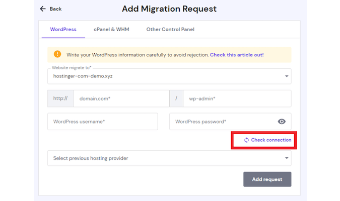 Screenshot from Hostinger's add migration request process with fields to enter data. A red box is around the check connection function.