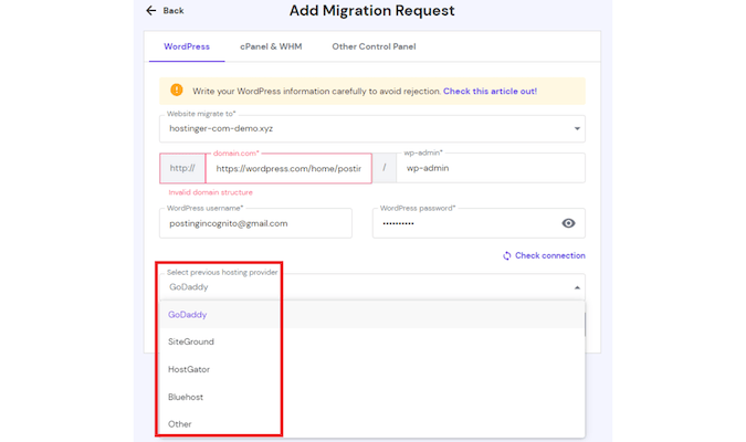 Screenshot from Hostinger's add migration process. A red box is around a dropdown field asking the user to select which company was the previous hosting provider.