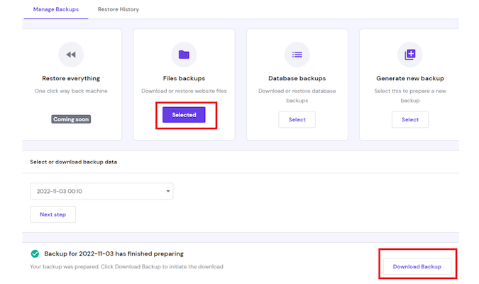 Screenshot from Hostinger's manage backups feature. Two red boxes highlight first the "files backup" function that allows the user to download or restore website files. The second red box is around the download backup function.