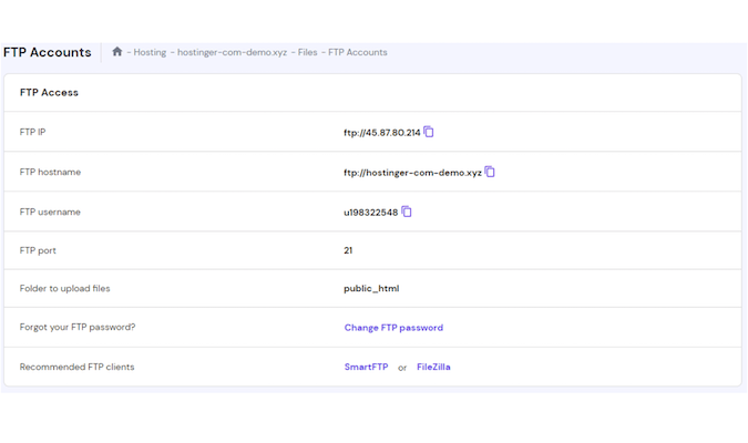 Screenshot from Hostinger's control panel showing FTP accounts along with FTP access data.